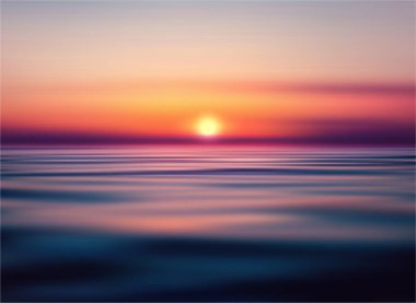 Yumuşak Dalgalı Okyanus Suları Üzerinde Canlı Günbatımı, Canlı Ufuk Renkleri, Vektör Resimleme Arkaplanı