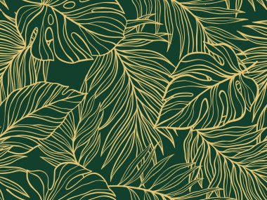 Vector Illustration Arkaplan Arkaplanı: Tropikal Yaprakların Altın Çizgili Sanat Özeti: Koyu Yeşil Arkaplanda, Doğadan Esinlenilmiş Tasarım Teması ve Zarif Dekoratif Örnekler İçin Mükemmel.