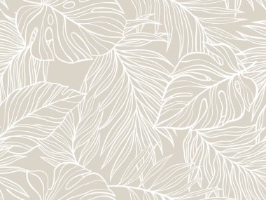 Canavarların ve Tropikal Yapraklar 'ın Bej tonlardaki ana deseni, Doğal Zarafeti ve Tasarım ve Dekorasyon Projeleri İçin Tropikal Tarzı Vurguluyor.