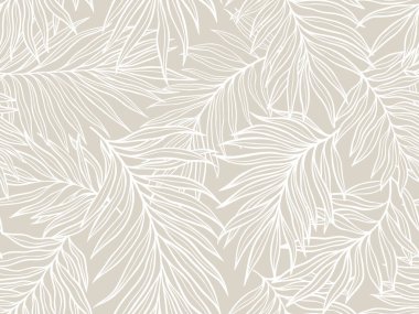 Bej arka planda tropikal palmiye yaprağı desenleri, dekorasyon ve dekorasyon için dekoratif unsurlar, sofistike ve minimalist stili ön plana çıkaran zarif kusursuz tasvir..