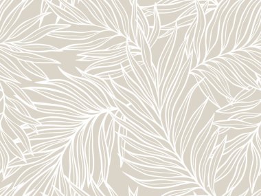 Yumuşak Bej Arkaplan Üzerine Zarif Beyaz Çizgiler, Zarif Bir Zarafet ve Minimalist Tasarım Teması Öneren Soyut Palmiye Yaprağı Deseni Arkaplanının Vektör İlülasyonu.