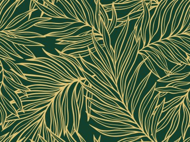 Koyu Yeşil Arkaplanda Altın Dış Çizgi Biçimli Zarif Tropikal Palmiye Yaprağı Şablonu, Sofistike ve Şık Çiçek Tasarımı İllüzyonu