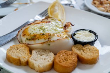 Kızarmış ekmekle birlikte sarımsak ve maydanoz soslu ızgara mürekkep balığı.