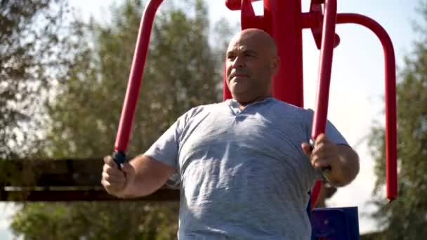 Homme Fait Gym Dans Machine Dans Parc Biosain — Video