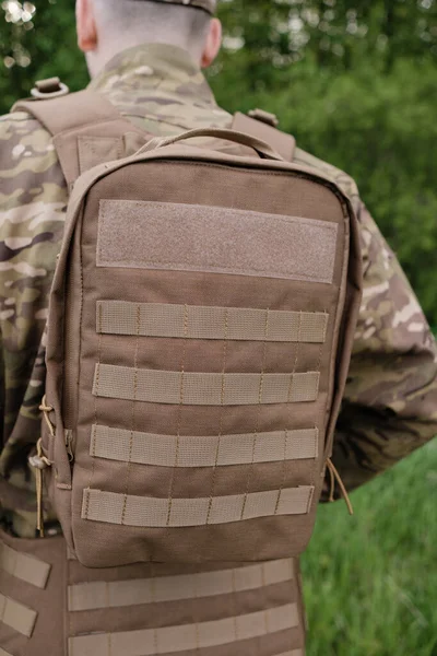 stock image Close-up of Tactical Backpack Details on Soldier in Forest