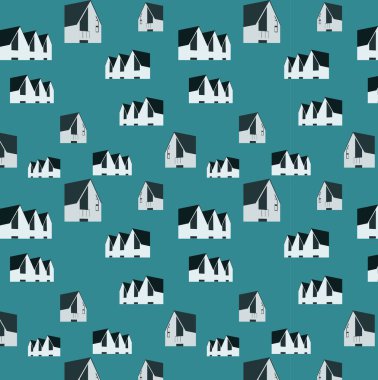 Mavi arka planda İskandinav evi deseni var. Kağıt paketlemek için uygun. İskandinav vektör deseni. Çocuk kumaşı için mükemmel, tekstil duvar kağıdı..