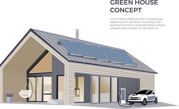 Moderna Casa Privada Eco Con Paneles Energía Solar Coche Eléctrico — Vector de stock