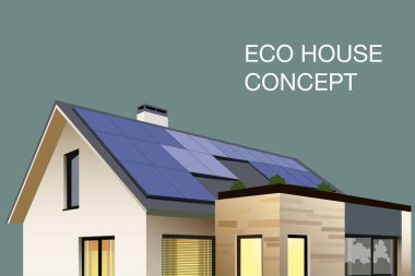 Eco house concept. Modern villa with solar pannel. Sustainable housing. Smart home front view. Save environment ecology vector concept.