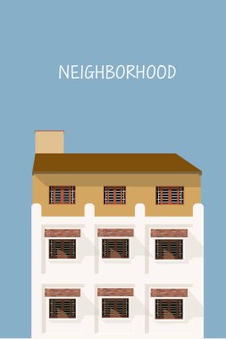 Mavi arka planda İtalyan evi. Konut binaları, mahalleler ve apartmanlar yaşamak için. Düz bir şekilde taşıyıcı. Güneşli mahalle