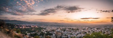 Panoramic photograph of the complex of the fortress and the palace of the Alhambra, Granada, Spain.