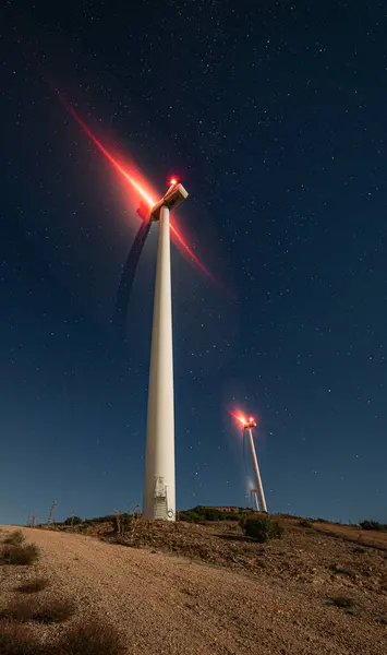Night energy, wind turbines of Cerro de Lillo, Castilla Mancha Spain