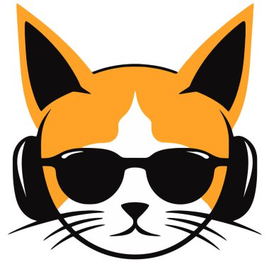 Kulaklıktaki komik, rahat kedinin portresi. Espri kartı, tişört kompozisyonu, mim, el çizimi stil baskısı. Vektör illüstrasyonu.