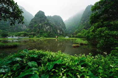 Mezarlık yemyeşil kireçtaşı tepeleri arasında bir gölde sisle kaplı, Ninh Binh, Vietnam
