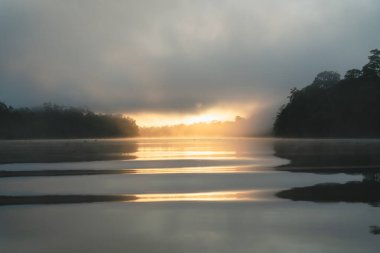 Sabahın erken saatlerinde, Sukau, Sabah, Borneo, Malezya 'daki Kinabatangan Nehri' nde sisli güneş ışınlarıyla