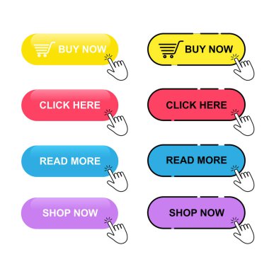 Çevrimiçi alışveriş ve kullanıcı deneyimini artırmak için promosyonlar için ideal canlı, renkli callto action düğmeleri