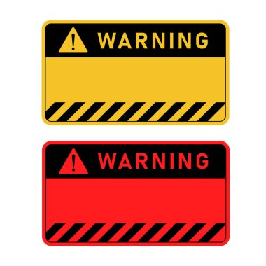 Biri sarı, diğeri kırmızı olmak üzere iki belirgin uyarı işareti, önemli güvenlik uyarıları ve tedbirleri vurguluyor.