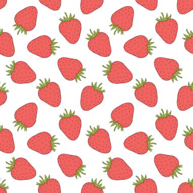 Düz çizgi film tarzında şirin ve minimalist çilekler içeren kusursuz bir vektör deseni. Her çileğin parlak kırmızı bir vücudu, sade yeşil yapraklı üstleri ve temiz siyah çizgileri vardır..