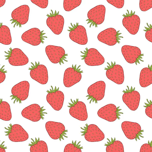 Düz çizgi film tarzında şirin ve minimalist çilekler içeren kusursuz bir vektör deseni. Her çileğin parlak kırmızı bir vücudu, sade yeşil yapraklı üstleri ve temiz siyah çizgileri vardır..