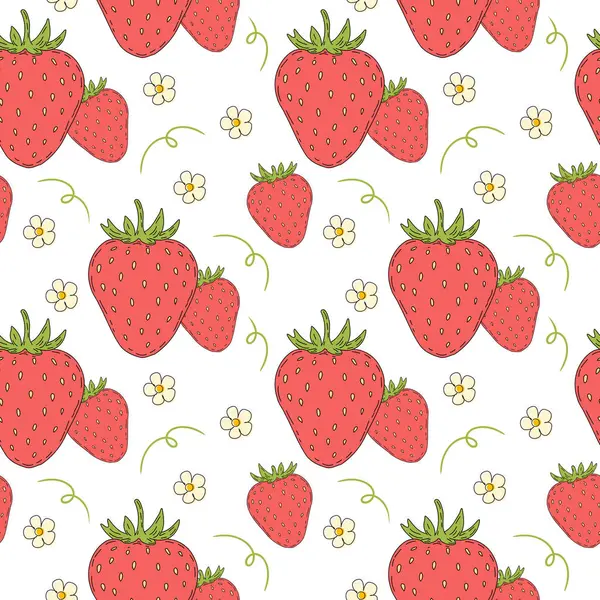 Düz çizgi film tarzında şirin ve minimalist çilekler içeren kusursuz bir vektör deseni. Her çileğin parlak kırmızı bir vücudu, sade yeşil yapraklı üstleri ve temiz siyah çizgileri vardır..