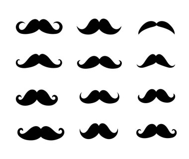 Retro, hipster, gidon ve klasik tasarımlar dahil olmak üzere 12 eşsiz bıyık stilinden oluşan temiz ve çok yönlü bir vektör kümesi..