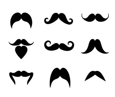 Retro, hipster, gidon ve klasik tasarımlar dahil olmak üzere dokuz eşsiz bıyık stilinden oluşan temiz ve çok yönlü bir vektör kümesi..