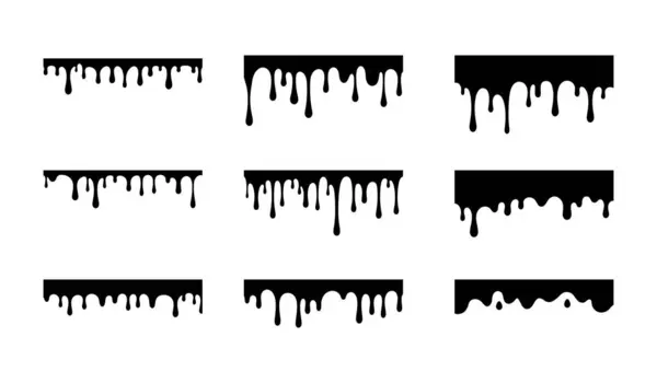 En az siyah siluet vektör seti damlayan bal ve akan şurup damlaları. Çeşitli eritilmiş sıvı şekiller ve yapışkan damlalar içerir. Yemek temalı baskılar, etiketler, simgeler ve minimalist ambalaj kavramları için ideal.