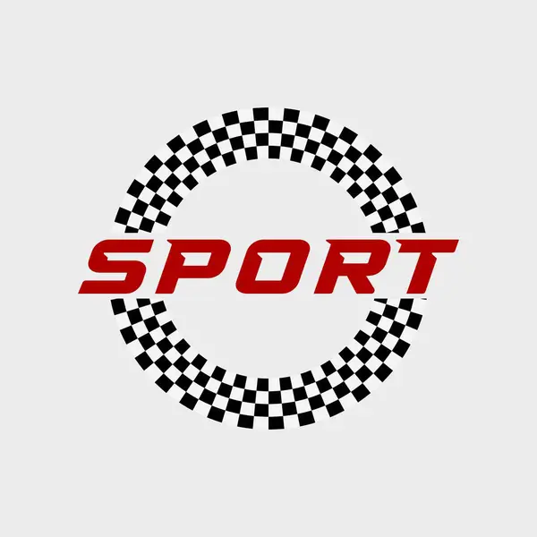 Dairesel kareli bayrak desenli ve koyu kırmızı spor metni içeren vektör yarış logosu.
