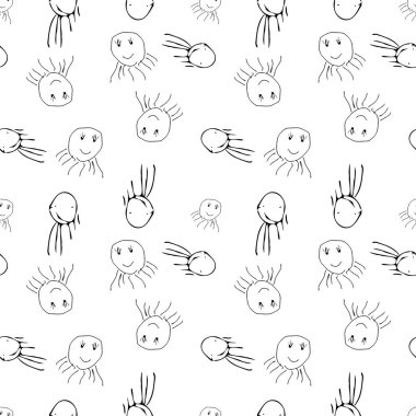 Çizgi film canavarlarıyla kusursuz desen. Siyah ve beyaz vektör çizimi.