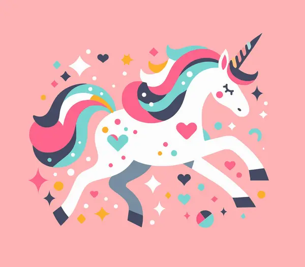 Gökkuşağının üzerinde zıplayan şirin bir tek boynuzlu at tasviri, 10 renkli vektör resmi, ipek ekran yazdırma için uygun