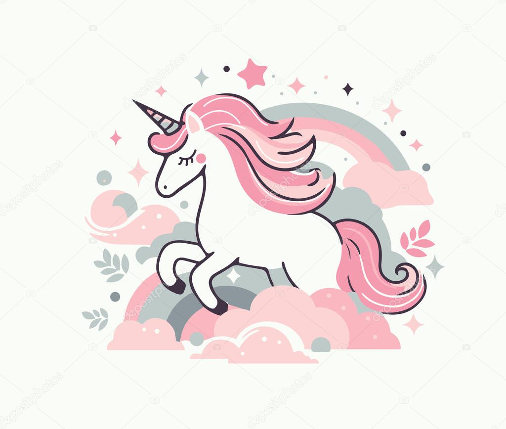 Illustration of a cute unicorn jumping on a rainbow, vector image of 10 colors, suitable for silk screen printing