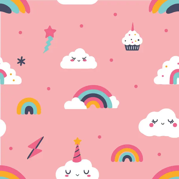 Sevimli gökkuşakları, bulutlar, kalpler ve yıldızlar, 6 renkli vektör resmi, ipek ekran yazdırma için uygun