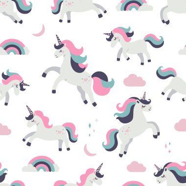 Şirin tek boynuzlu atların kusursuz deseni, 6 renkli vektör resmi, ipek ekran yazdırma için uygun