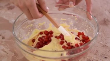 Preparing cake with berry. Cake dough with red berry in bowl with spatula
