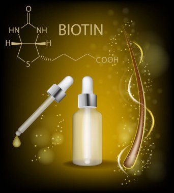 Concept of biotin serum hair carel. Biotin and structure chemical formula. Vitamin B7 or H clipart