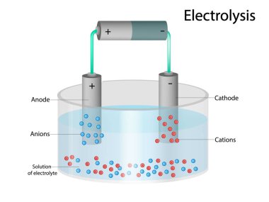 Elektroliz. Elektrolit çözeltisi. Cations ve Anions. Katolik ve Anode