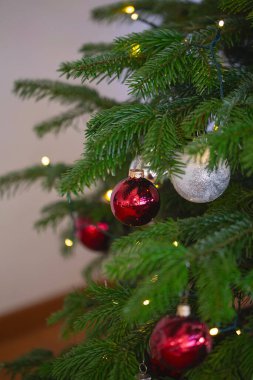 Yılbaşı ağacı ve çelenklerle dolu yeni yıl evi. Evde Noel süsü var.