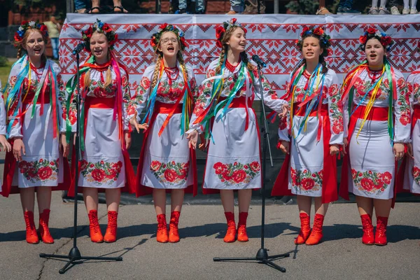 Nakışlı gömlekli güzel bir genç kız. Ulusal Ukrayna kostümü. Nakış işi günü. Fotoğraf, Ukrayna. DNIPRO, UKRAINE 18 Mayıs 2023