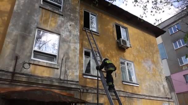 Veduta Coraggioso Pompiere Uniforme Protettiva Soccorritore Equipaggiamento Protettivo Pompieri Hanno — Video Stock