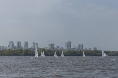 28 Temmuz 'da, Ukrayna' nın Dnipro kentinde, Olimpiyat sınıfı yelkencilik kupası düzenlendi. Turnuva Dinyeper 'in sularında gerçekleşiyor. Yatçılar mı? Spor müsabakası. DNIPRO, UKRAINE 25 Temmuz 2023