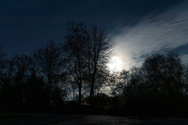 Şehirdeki yıldızlı gökyüzü. Panoramik manzara. Yıldızların altındaki Ukrayna şehri. Dnepr şehrindeki doğal gece manzarası. Arkaplan resmi.
