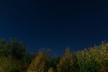 Şehirdeki yıldızlı gökyüzü. Panoramik manzara. Yıldızların altındaki Ukrayna şehri. Dnepr şehrindeki doğal gece manzarası. Arkaplan resmi.