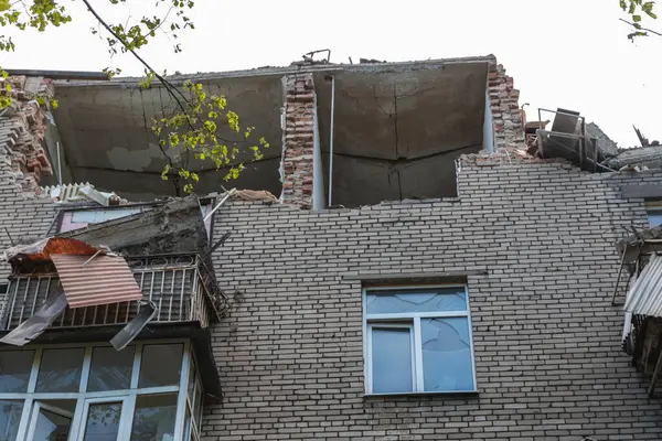 stock image A Russian missile hit a residential building in the city of Dnepr, Ukraine. Damaged apartment building after a massive missile attack on 04/19/24. Scars of war. Consequences of the attack