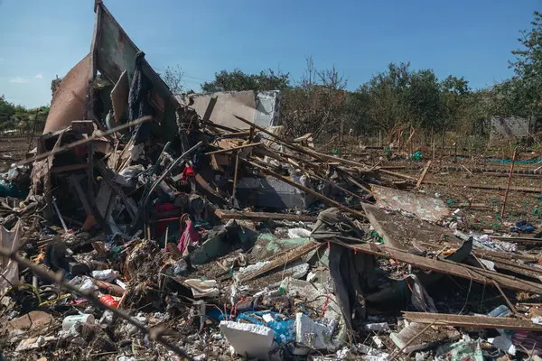 stock image Shelling of civilians. Military aggression. Consequences of the enemy attack on the city of Dnepr. Destroyed residential. Remains of private houses. Consequences of shelling. Russia Ukraine war