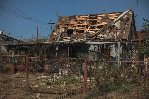 stock image Shelling of civilians. Military aggression. Consequences of the enemy attack on the city of Dnepr. Destroyed residential. Remains of private houses. Consequences of shelling. Russia Ukraine war