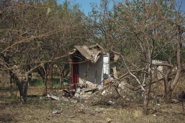 stock image Shelling of civilians. Military aggression. Consequences of the enemy attack on the city of Dnepr. Destroyed residential. Remains of private houses. Consequences of shelling. Russia Ukraine war