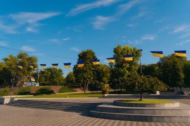 Ukrayna bayrağı büyük bir ulusal semboldür. Bağımsızlık Anayasa Günü, Ulusal Bayram. Ukrayna bayrağıyla yakın çekim.