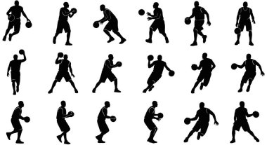 Siluetli Sporcular Spor 'da Zıplayarak ve Geçerek Basketbol Oynuyor