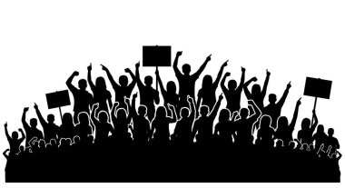 Siluetli Kalabalık Protesto Ediyor ve İşaretleri Birlikte Yükseltiyor