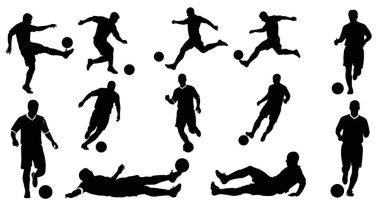 Tekme ve Hareketleri Gerçekleştiren Dinamik Pozisyonlardaki Futbol Oyuncularının Siyah Silüetleri