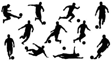 Bir grup futbolcu beyaz arka planda birlikte futbol oynuyor.